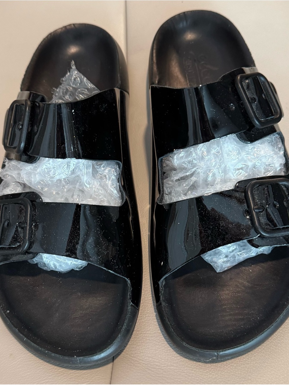 Ecco Black Patent Double-Buckle Slide Sandals. US size 8 Euro size 38.